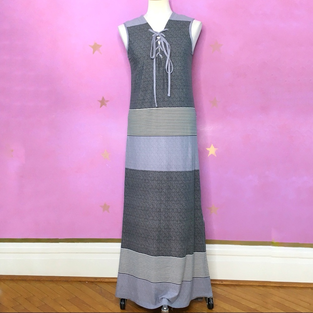 EXIST Maxi Dress Women's Medium Striped Lace up Vacation Resort Wear Boho Summer